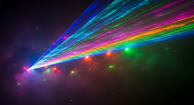 Vibrant multicolored laser light beams in dark nightclub atmosphere.
