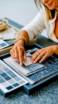 A woman sitting at a table with a palette of paint samples
