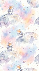 Naklejka premium Seamless watercolor pattern with space. watercolor pattern with cute corgi dogs. Night sky watercolor pattern. Cute puppy pattern. Cute stars pattern. dog print for kids