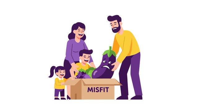 Happy Family Receiving Misfit Produce Box with Ugly Vegetables for Sustainable Healthy Eating, Vector Illustration