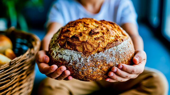 A person holding a loaf of bread in their hands