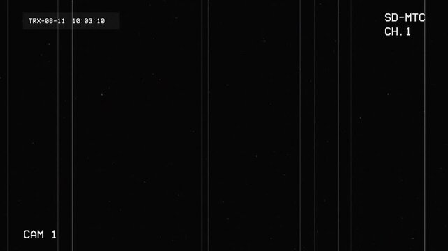 VHS Overlay with Analog Artifacts, Timecode Display and Camera Specifications Text Box. Static TV Noise and Gritty Retro Texture on Black Background 4K Video