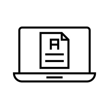 Laptop with graded test paper line icon for online examination and assessment