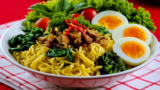A bowl of noodles with eggs and vegetables on a red table cloth