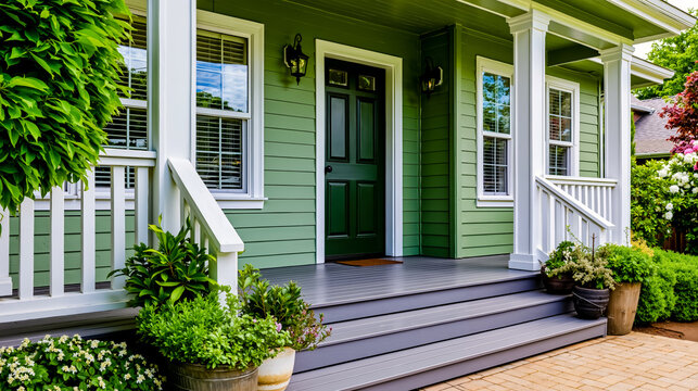 A green house with white trim and a green front door