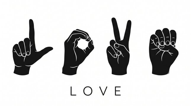 Spelled love shape hands signs monochrome symbols isolated on white vector graphic illustration alphabet letters design elements