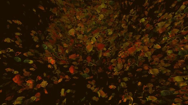 Crowded swarm of golden tropical fish suffocates the frame in a moody 3D abstract background symbolizing claustrophobia and tension