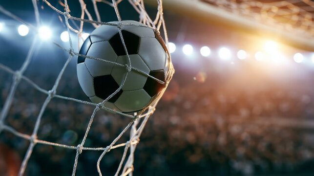 Soccer ball caught in the net after a goal, illuminated by stadium floodlights, with a blurred background of cheering fans