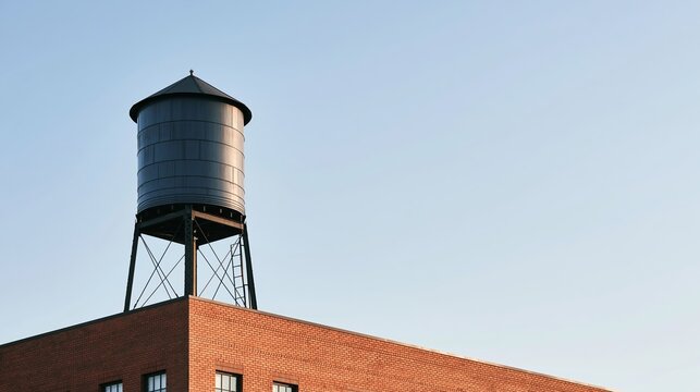 Water tower on a building corner providing essential urban infrastructure. Simple industrial architecture under a clear sky