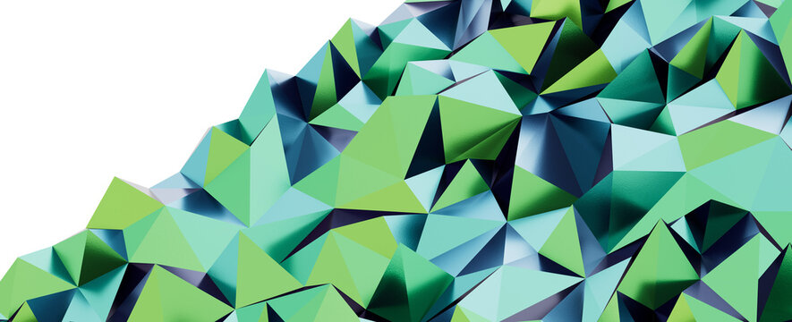 Abstract geometric landscape with sharp peaks, a cool blue and green color palette.