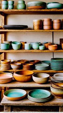 A shelf filled with lots of different colored bowls and plates