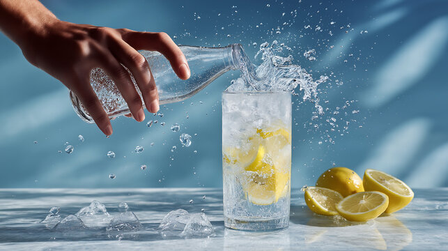 Hand Pouring Water into Lemon Infused Glass with Splash