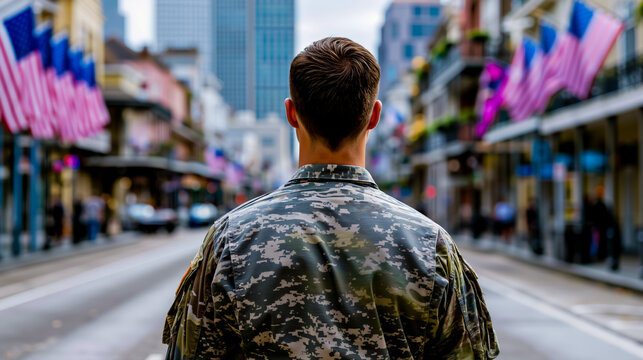 A man in a military uniform standing in the middle of a city street