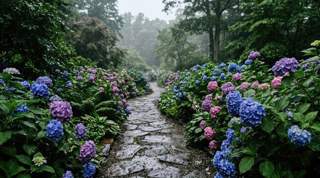 Rain falls softly on a stone pathway lined with vibrant hydrangea bushes.