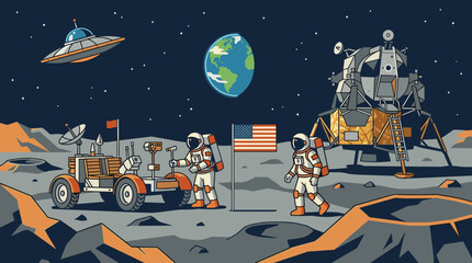 Astronauts explore the moon with a rover, lander, and Earth in the starry sky, flat design © Sumini
