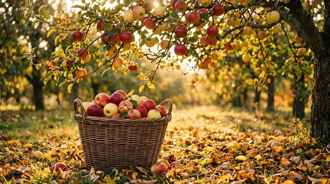 A rustic woven basket overflowing with ripe red apples amidst a vibrant autumn forest background