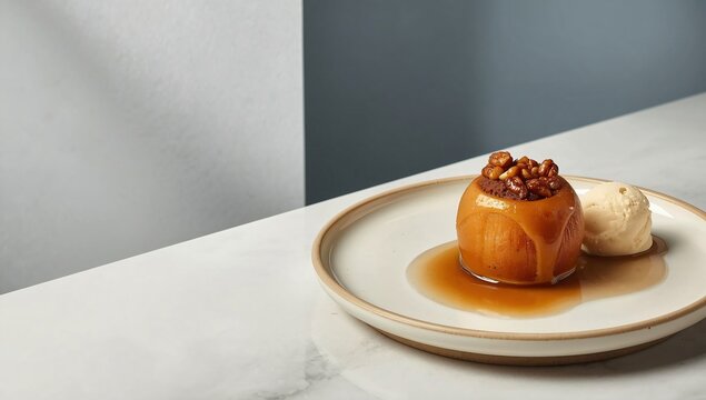 Baked caramel apple with walnut topping on white plate