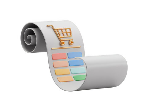 A 3D rendered paper scroll featuring a gold shopping cart and colorful transaction list