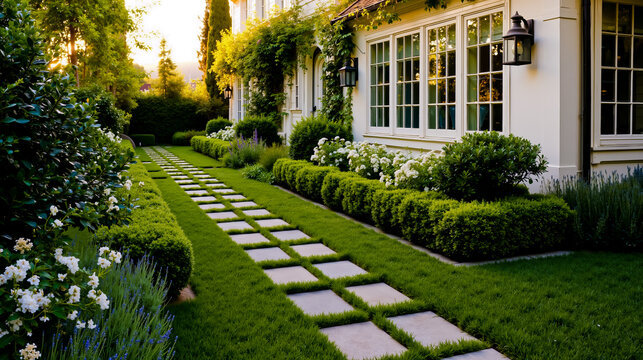 A walkway in the middle of a lush green yard next to a white house