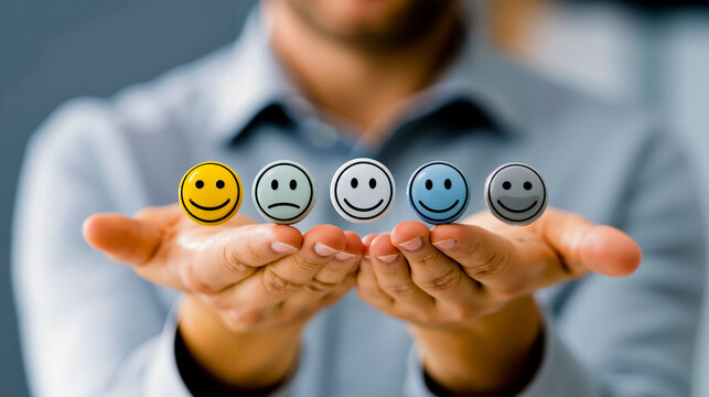 A man holding five smiley faces in his hands