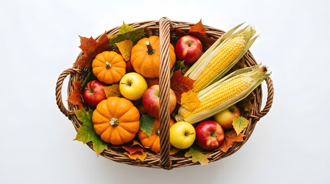 Abundant autumn harvest basket overflowing with pumpkins apples corn and fall foliage on white background