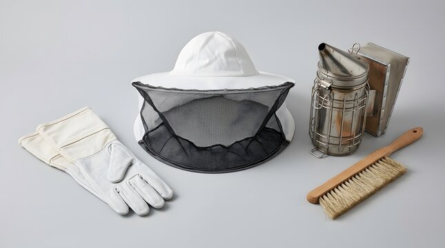 Beekeeping equipment including a protective hat gloves smoker and hive tool on a white surface