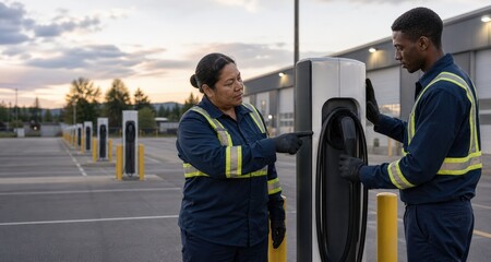 Naklejka premium Electric Vehicle Charger Maintenance Conceptual Still Life Charging