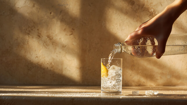 Hand Pouring Water into Glass with Lemon on Sunlit Wall Background