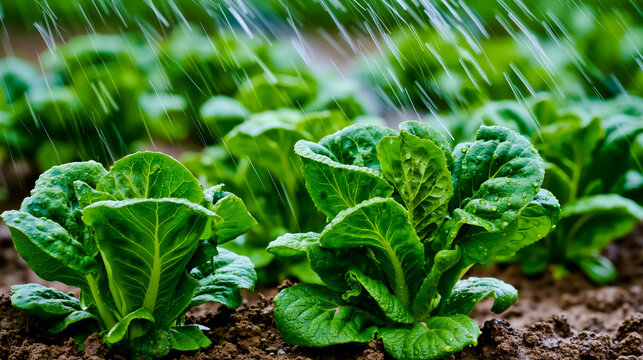 A row of lettuce plants in a garden under a sprinkler