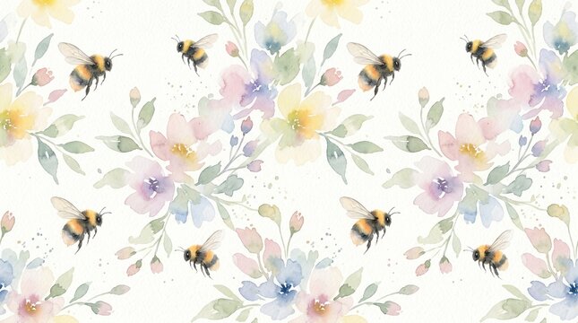 Summer watercolor botanical print with bees. Watercolor seamless pattern with bumblebees and flowers. Spring watercolor pattern with flying bees. Pastel watercolor botanical background