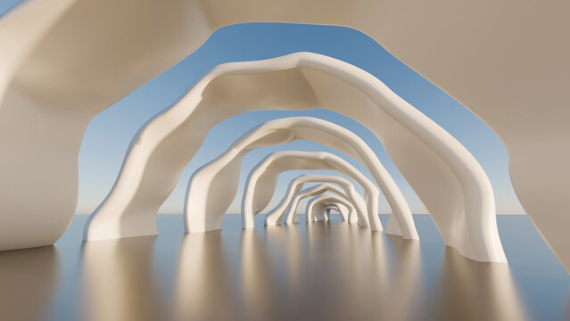 3D futuristic organic white archway tunnel over water under blue sky. Ideal for modern architectural visuals, tech banners, luxury product backgrounds, and cinematic openers