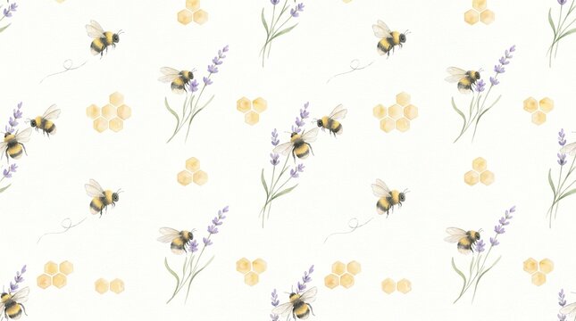 Cute honey bee and floral pattern. Spring lavender and honeybee background. Summer watercolor botanical print with bees. Baby shower watercolor bee print