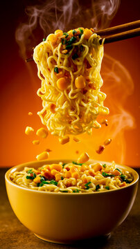 A bowl of noodles being lifted up with chopsticks
