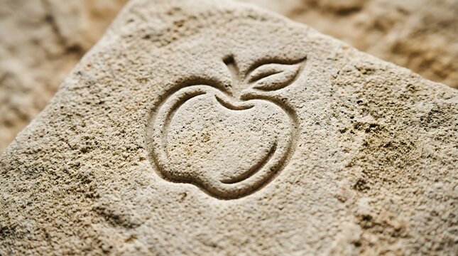 Carved apple design in weathered stone texture with a natural and rustic aesthetic