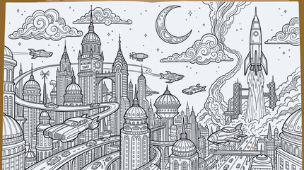 Obraz premium Retro-futuristic city skyline with flying cars, rockets, and a crescent moon, detailed line art illustration