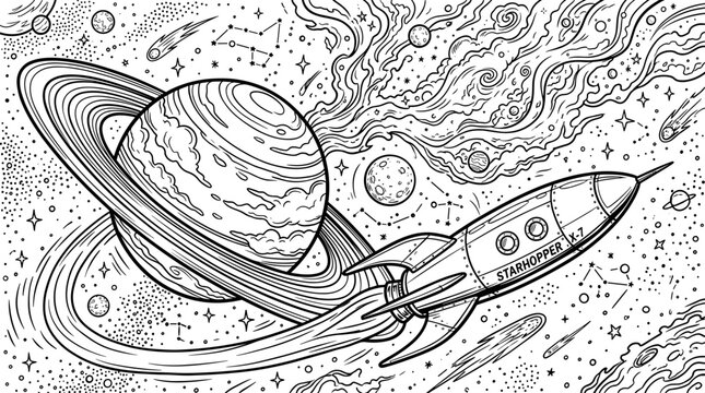 Retro rocket ship flying past a ringed planet and celestial bodies in a stylized cosmic scene, line art illustration