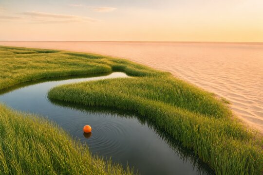 Golden saltmarsh at sunset with orange buoy