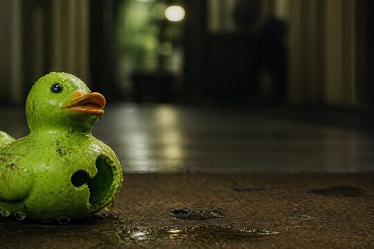 Rain Soaked Rubber Duck on Wet Floor with Dark Moody Background
