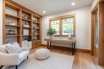 Fototapeta premium A minimalist home office featuring wooden shelves and natural light, perfect for productivity
