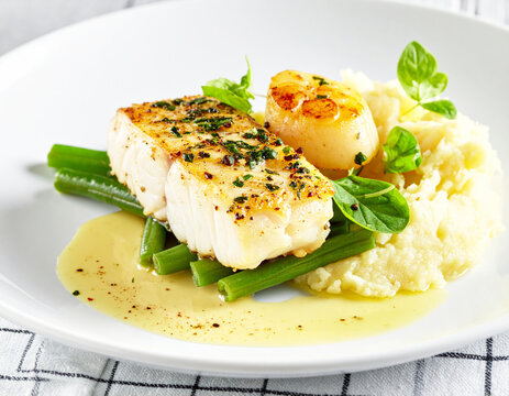 White fish and scallops, mashed potatoes, green beans in a buttery sauce. AI