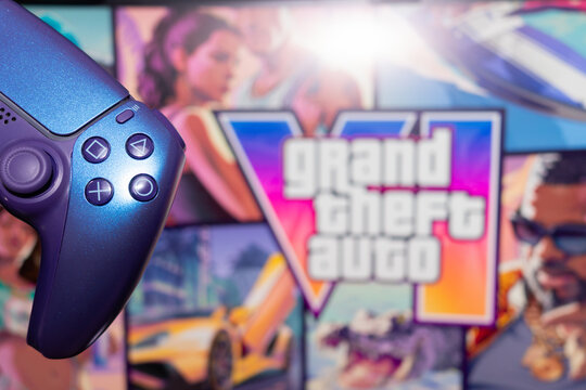 YEREVAN, ARMENIA - 08.11.2026: Sony PlayStation 5 DualSense controller with the official Grand Theft Auto VI artwork and logo in the background