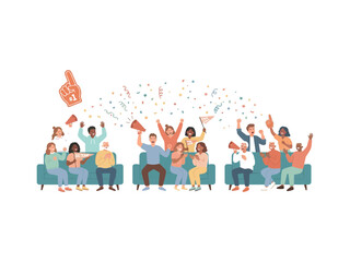 Fototapeta premium Diverse group of cheering sports fans celebrating with megaphones, foam fingers and confetti vector illustration