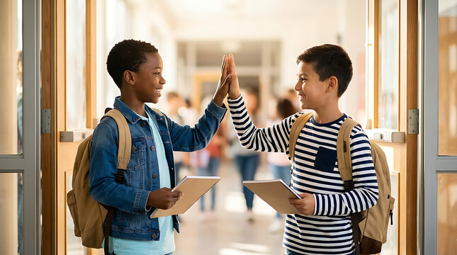 Diverse boys high-fiving in school hallway with backpacks and books