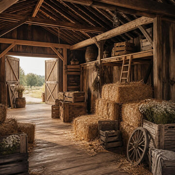Rustic wooden barn interior with golden hay bales and vintage farming tools