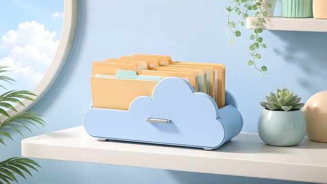 Pastel blue cloud shaped file organizer with folders on a shelf. Concept of cute office organization, physical cloud storage, and document management.