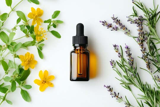 Amber dropper bottle with essential oil surrounded by yellow flowers and lavender sprigs isolated on white background
