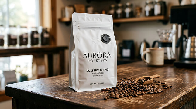 Premium Aurora coffee beans bag displayed on rustic wooden countertop with coffee setup