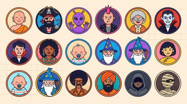 Collection of Diverse Character Avatar Icons in Flat Design Style - Cartoon People, Fantasy Creatures, and Cultural Portraits