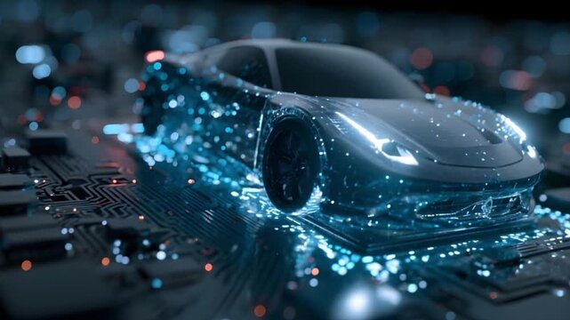 Glowing blue data particle car navigating on futuristic semiconductor circuit board (AI Generated)