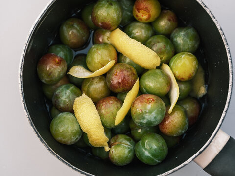 Greengage Jam Ingredients in a Saucepan
